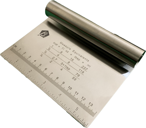 Stainless Steel Bench Scraper - Easy Clean, Dishwasher Safe, Anti-Wear Laser-Engraved Measuring Scale and Conversion Chart.